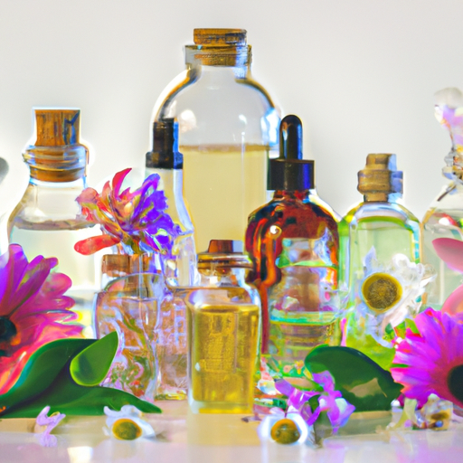 אוסף שמנים אתריים שונים בבקבוקי זכוכית קטנים, מוקפים בעשבי תיבול טריים ופרחים.