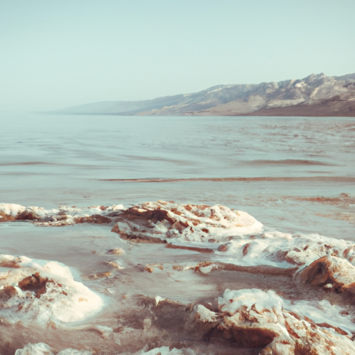 נוף שליו של ים המלח עם תצורות מלח בחזית, המציג את הנוף הייחודי שלו